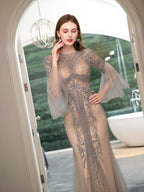 Baoleely Mermaid Beaded Luxurious Fashion Formal Evening Dresses Long Sleeve Floor Length