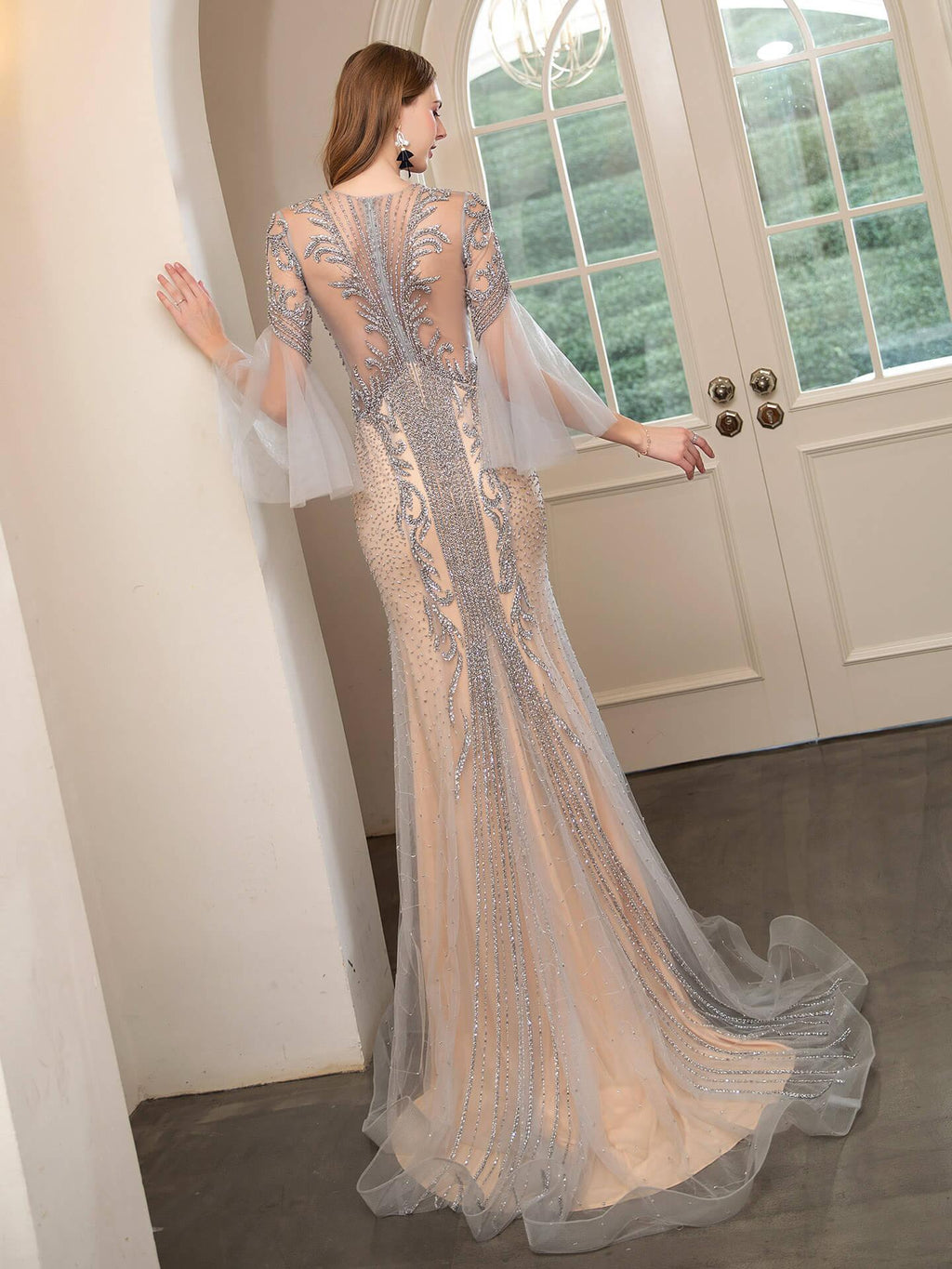 Baoleely Mermaid Beaded Luxurious Fashion Formal Evening Dresses Long Sleeve Floor Length