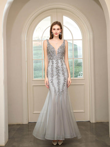 Baoleely Mermaid V-neck Beaded Luxurious Fashion Formal Evening Dresses Sleeveless Floor Length