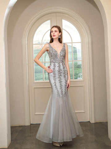 Baoleely Mermaid V-neck Beaded Luxurious Fashion Formal Evening Dresses Sleeveless Floor Length
