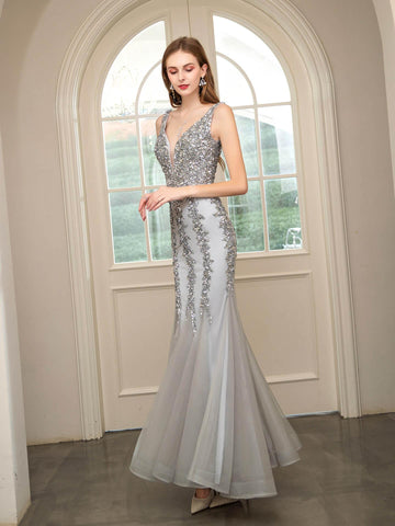 Baoleely Mermaid V-neck Beaded Luxurious Fashion Formal Evening Dresses Sleeveless Floor Length
