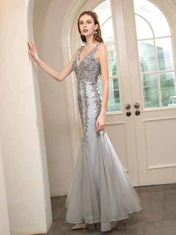 Baoleely Mermaid V-neck Beaded Luxurious Fashion Formal Evening Dresses Sleeveless Floor Length