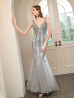 Baoleely Mermaid V-neck Beaded Luxurious Fashion Formal Evening Dresses Sleeveless Floor Length