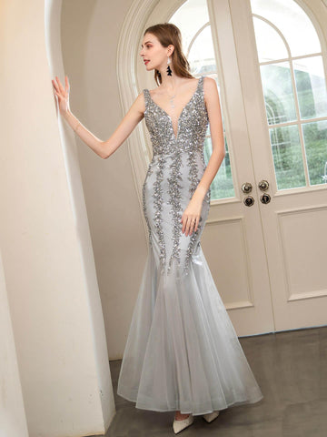 Baoleely Mermaid V-neck Beaded Luxurious Fashion Formal Evening Dresses Sleeveless Floor Length