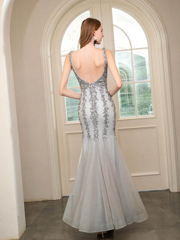 Baoleely Mermaid V-neck Beaded Luxurious Fashion Formal Evening Dresses Sleeveless Floor Length