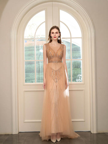 Vestido de noche formal de lujo con cuentas estilo sirena de Baoleely, sin mangas y hasta el suelo. 