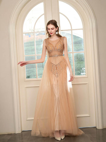 Vestido de noche formal de lujo con cuentas estilo sirena de Baoleely, sin mangas y hasta el suelo. 