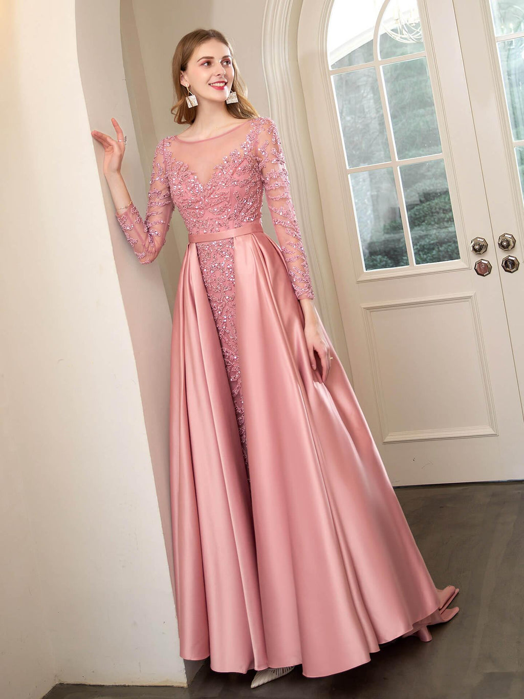Baoleely Mermaid / Trumpet Beaded Luxurious Sexy Formal Evening Dresses Long Sleeve Floor Length Prom Dresses