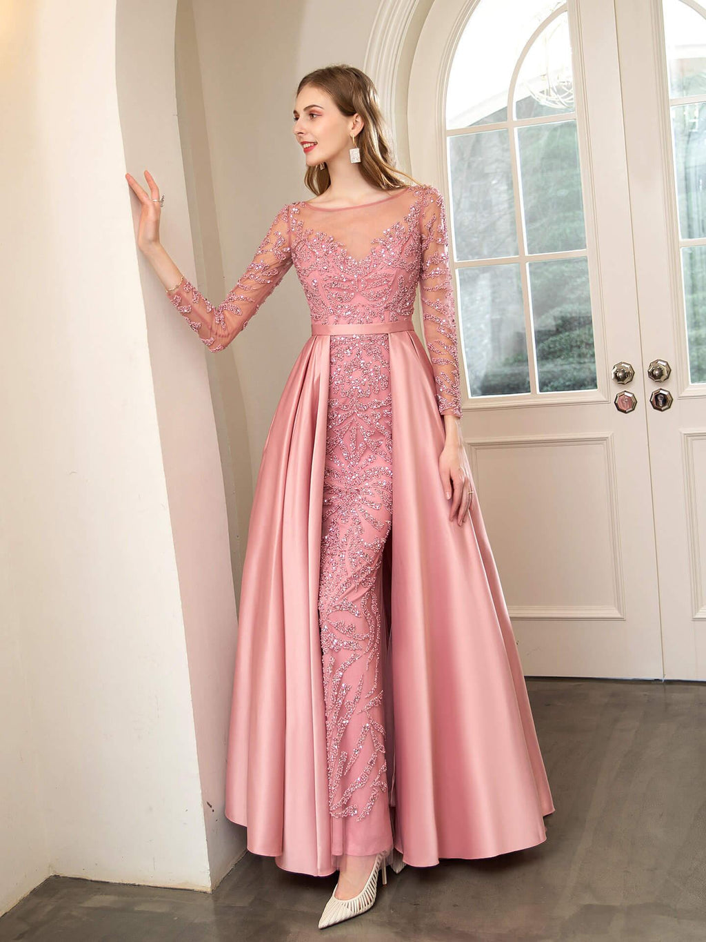 Baoleely Mermaid / Trumpet Beaded Luxurious Sexy Formal Evening Dresses Long Sleeve Floor Length Prom Dresses