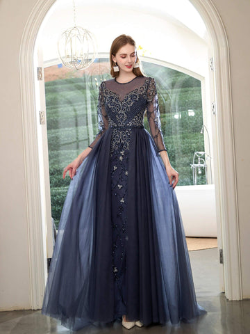 Vestido de noche formal de lujo con cuentas estilo sirena de Baoleely, manga larga hasta el suelo. 