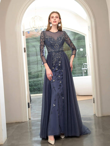 Vestido de noche formal de lujo con cuentas estilo sirena de Baoleely, manga larga hasta el suelo. 