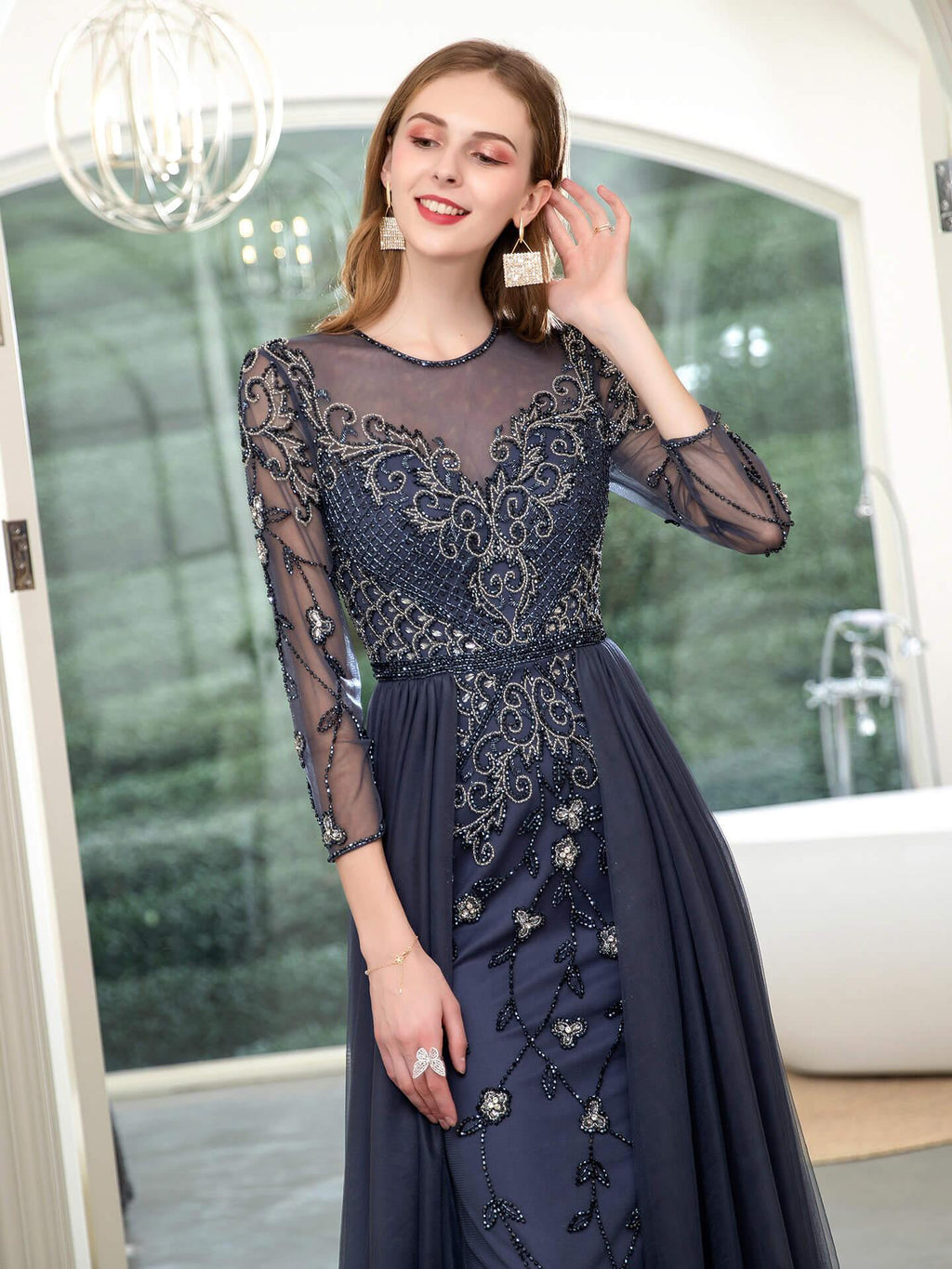 Baoleely Mermaid Beaded Luxurious Fashion Formal Evening Dresses Long Sleeve Floor Length