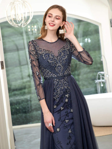 Vestido de noche formal de lujo con cuentas estilo sirena de Baoleely, manga larga hasta el suelo. 
