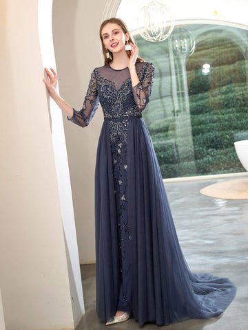 Vestido de noche formal de lujo con cuentas estilo sirena de Baoleely, manga larga hasta el suelo. 