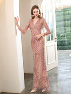 Baoleely Mermaid V-neck Beaded Luxurious Fashion Formal Evening Dresses Long Sleeve Floor Length