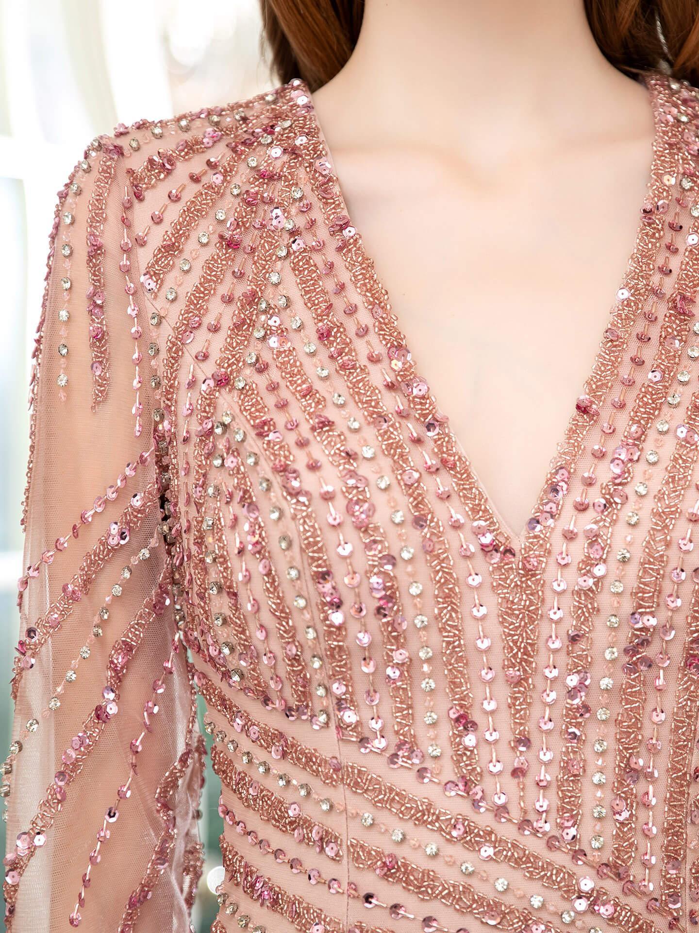 Baoleely Mermaid V-neck Beaded Luxurious Fashion Formal Evening Dresses Long Sleeve Floor Length