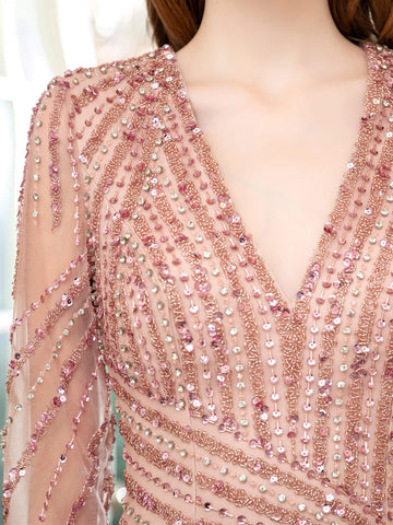 Baoleely Sirène Col V Perles Luxueuse Mode Robe De Soirée Formelle Manches Longues Longueur Au Sol 