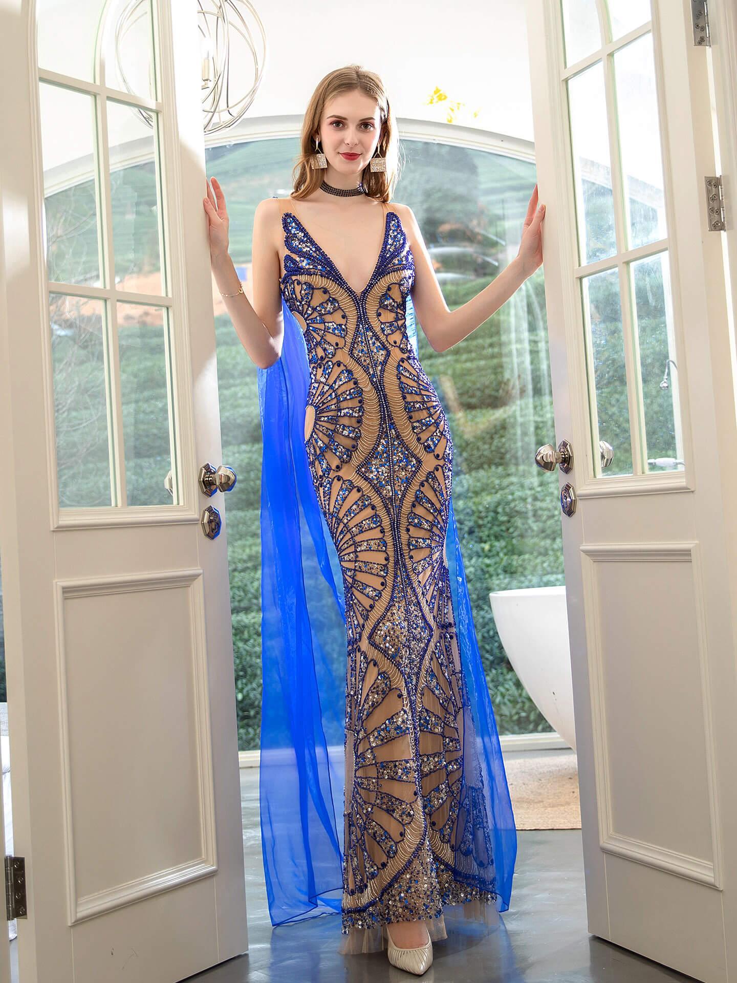 Baoleely Mermaid V-neck Beaded Luxurious Fashion Formal Evening Dresses Sleeveless Floor Length