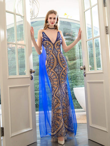 Baoleely Robe de soirée sirène à col en V et perles, luxueuse et élégante, sans manches, longueur au sol 