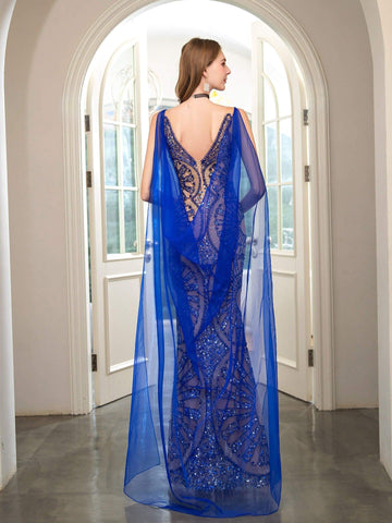 Baoleely Robe de soirée sirène à col en V et perles, luxueuse et élégante, sans manches, longueur au sol 