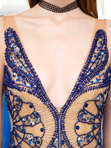 Baoleely Robe de soirée sirène à col en V et perles, luxueuse et élégante, sans manches, longueur au sol 