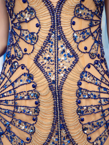 Baoleely Robe de soirée sirène à col en V et perles, luxueuse et élégante, sans manches, longueur au sol 