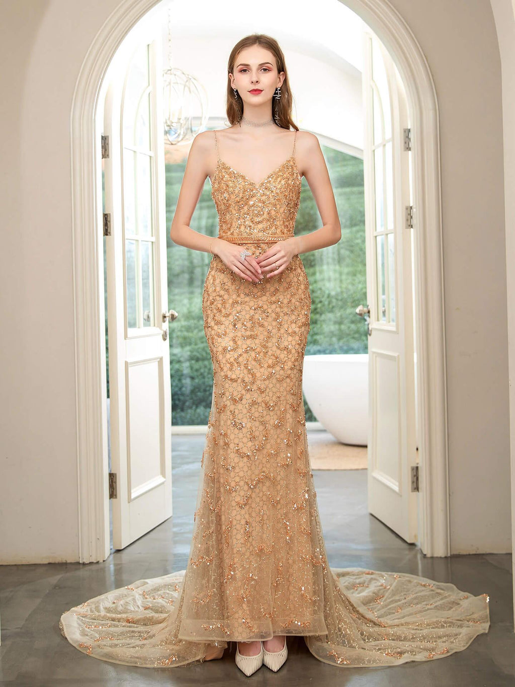 Baoleely Mermaid Beaded Luxurious Fashion Formal Evening Dresses Spaghetti Strap Sleeveless Floor Length