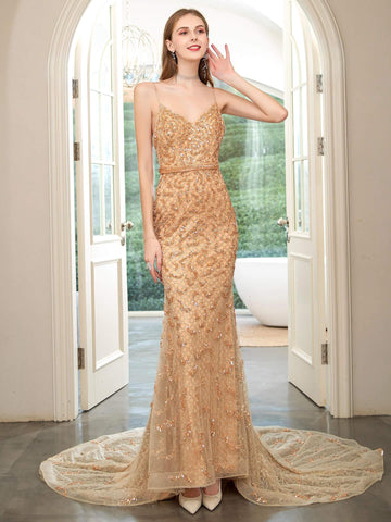 Vestido de noche formal de lujo con estampado de sirena, cuentas, tirantes finos, sin mangas y largo hasta el suelo, de Baoleely. 