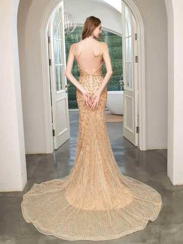 Vestido de noche formal de lujo con estampado de sirena, cuentas, tirantes finos, sin mangas y largo hasta el suelo, de Baoleely. 