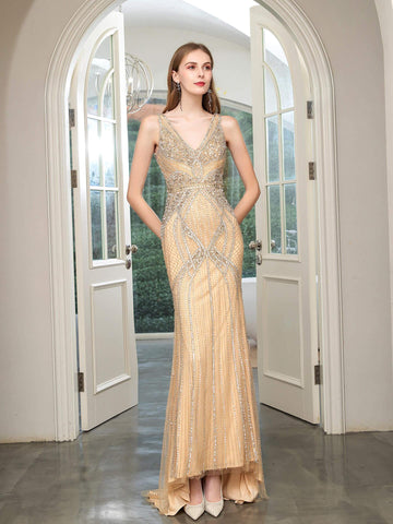 Baoleely Mermaid V-neck Beaded Luxurious Fashion Formal Evening Dresses Sleeveless Floor Length