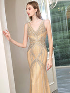 Baoleely Mermaid V-neck Beaded Luxurious Fashion Formal Evening Dresses Sleeveless Floor Length
