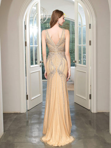 Baoleely Mermaid V-neck Beaded Luxurious Fashion Formal Evening Dresses Sleeveless Floor Length