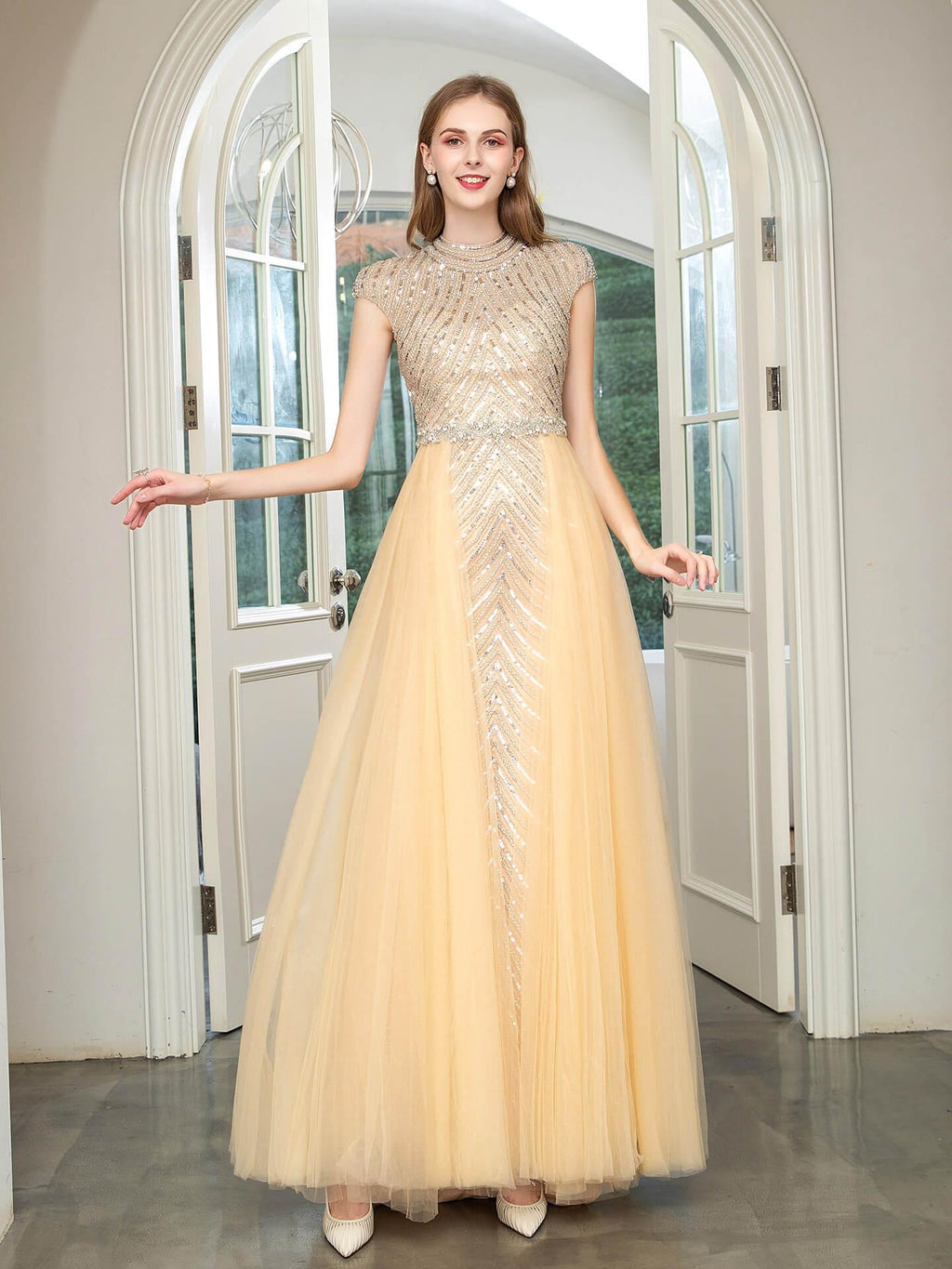 Baoleely Mermaid Beaded Luxurious Fashion Formal Evening Dresses Cap Sleeve Floor Length