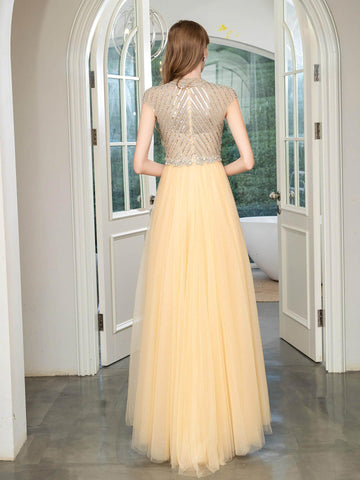 Vestido de noche formal de lujo con estampado de sirena, bordado con cuentas, manga corta y largo hasta el suelo de Baoleely. 