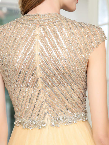 Vestido de noche formal de lujo con estampado de sirena, bordado con cuentas, manga corta y largo hasta el suelo de Baoleely. 