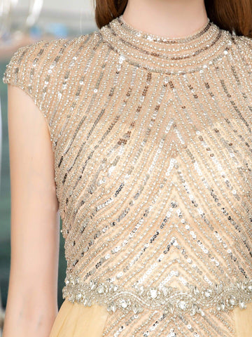 Vestido de noche formal de lujo con estampado de sirena, bordado con cuentas, manga corta y largo hasta el suelo de Baoleely. 