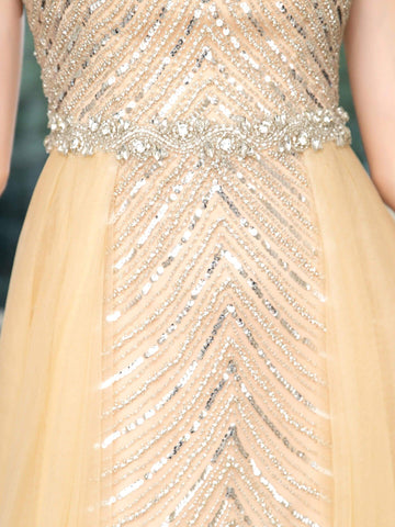 Vestido de noche formal de lujo con estampado de sirena, bordado con cuentas, manga corta y largo hasta el suelo de Baoleely. 