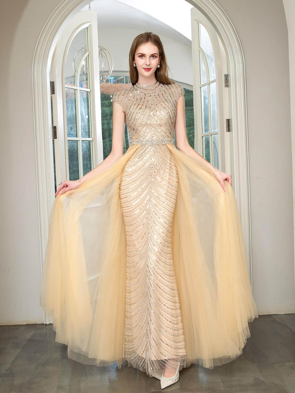 Baoleely Mermaid Beaded Luxurious Fashion Formal Evening Dresses Cap Sleeve Floor Length