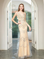 Baoleely Mermaid V-neck Beaded Luxurious Fashion Formal Evening Dresses Sleeveless Floor Length