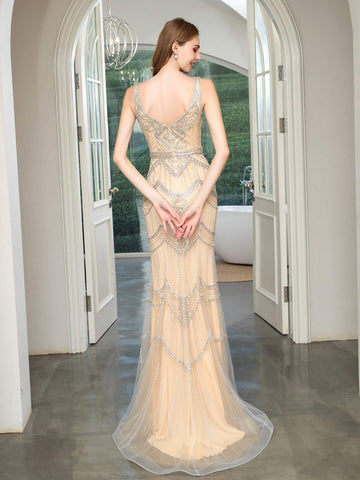 Baoleely Mermaid V-neck Beaded Luxurious Fashion Formal Evening Dresses Sleeveless Floor Length