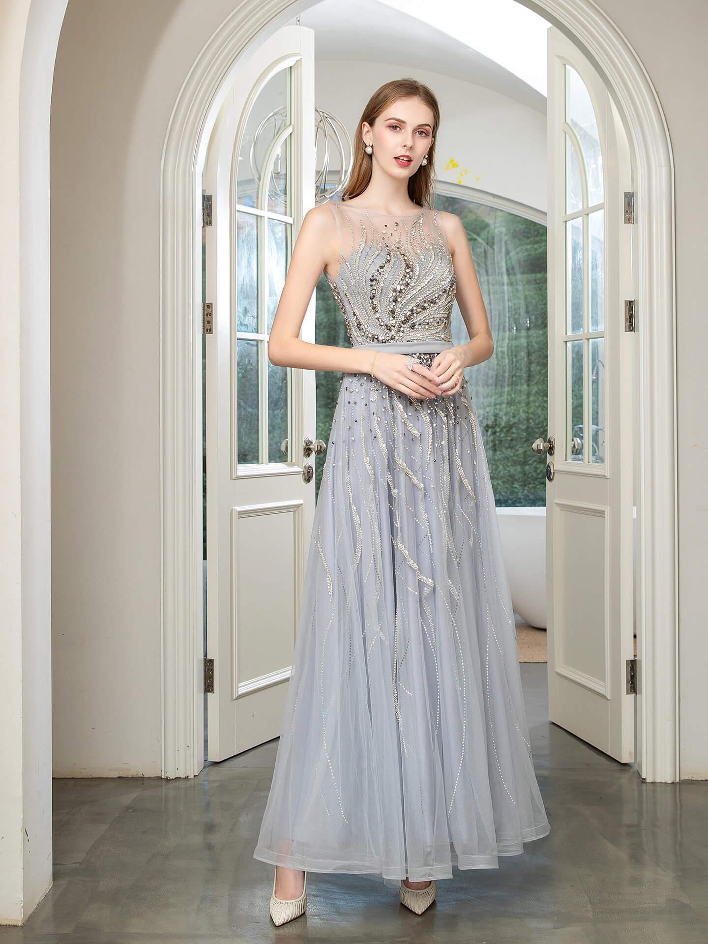 Baoleely A-line Beaded Luxurious Sexy Formal Evening Dresses Sleeveless Floor Length Prom Dresses