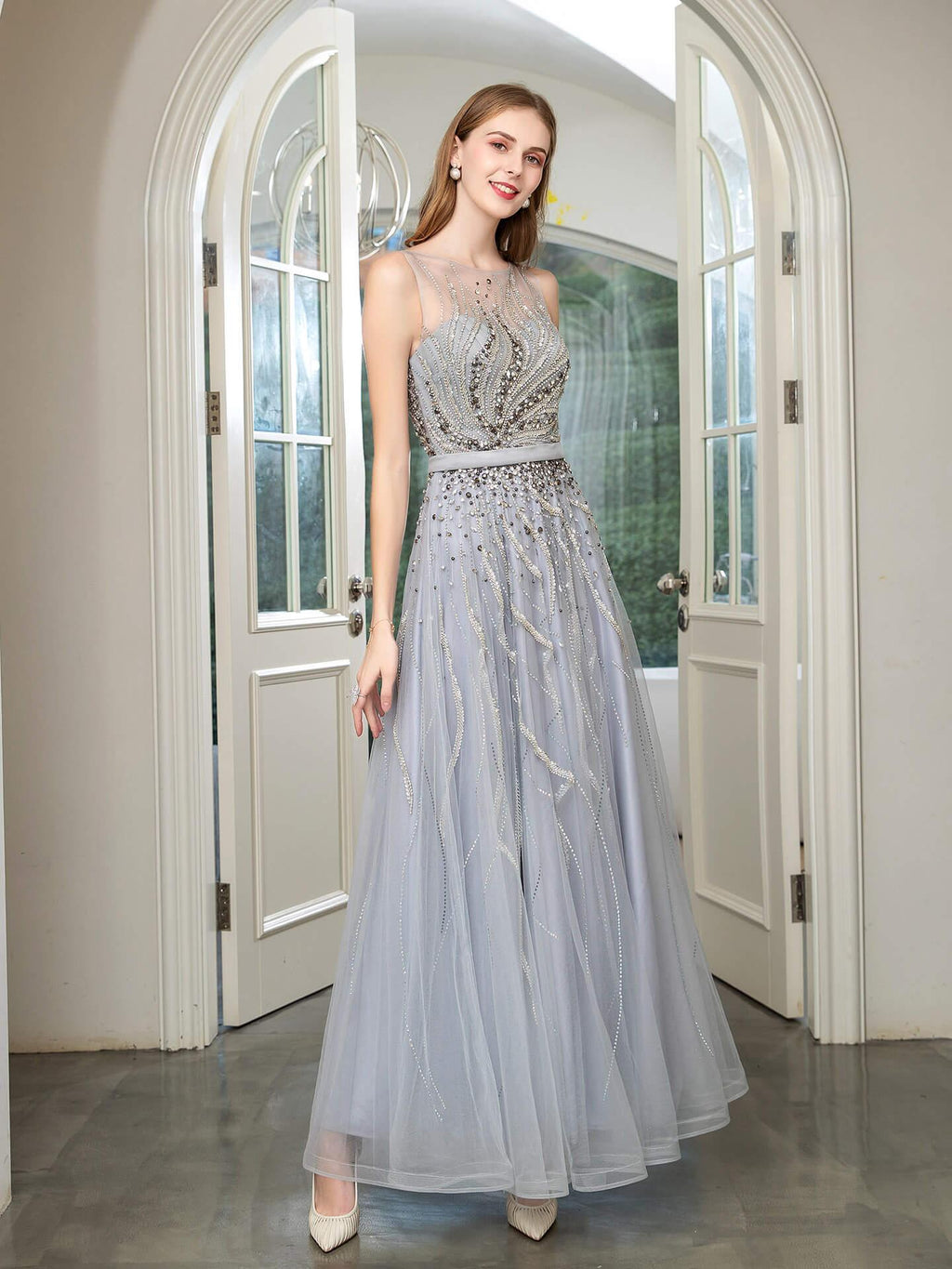 Baoleely A-line Beaded Luxurious Sexy Formal Evening Dresses Sleeveless Floor Length Prom Dresses