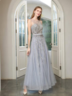 Baoleely A-line Beaded Luxurious Sexy Formal Evening Dresses Sleeveless Floor Length Prom Dresses