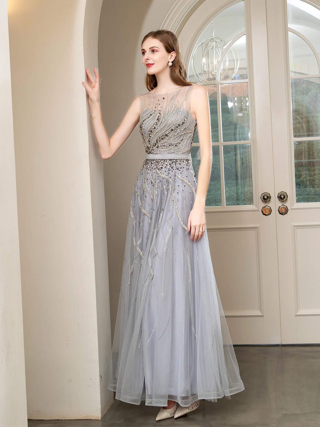 Baoleely A-line Beaded Luxurious Sexy Formal Evening Dresses Sleeveless Floor Length Prom Dresses