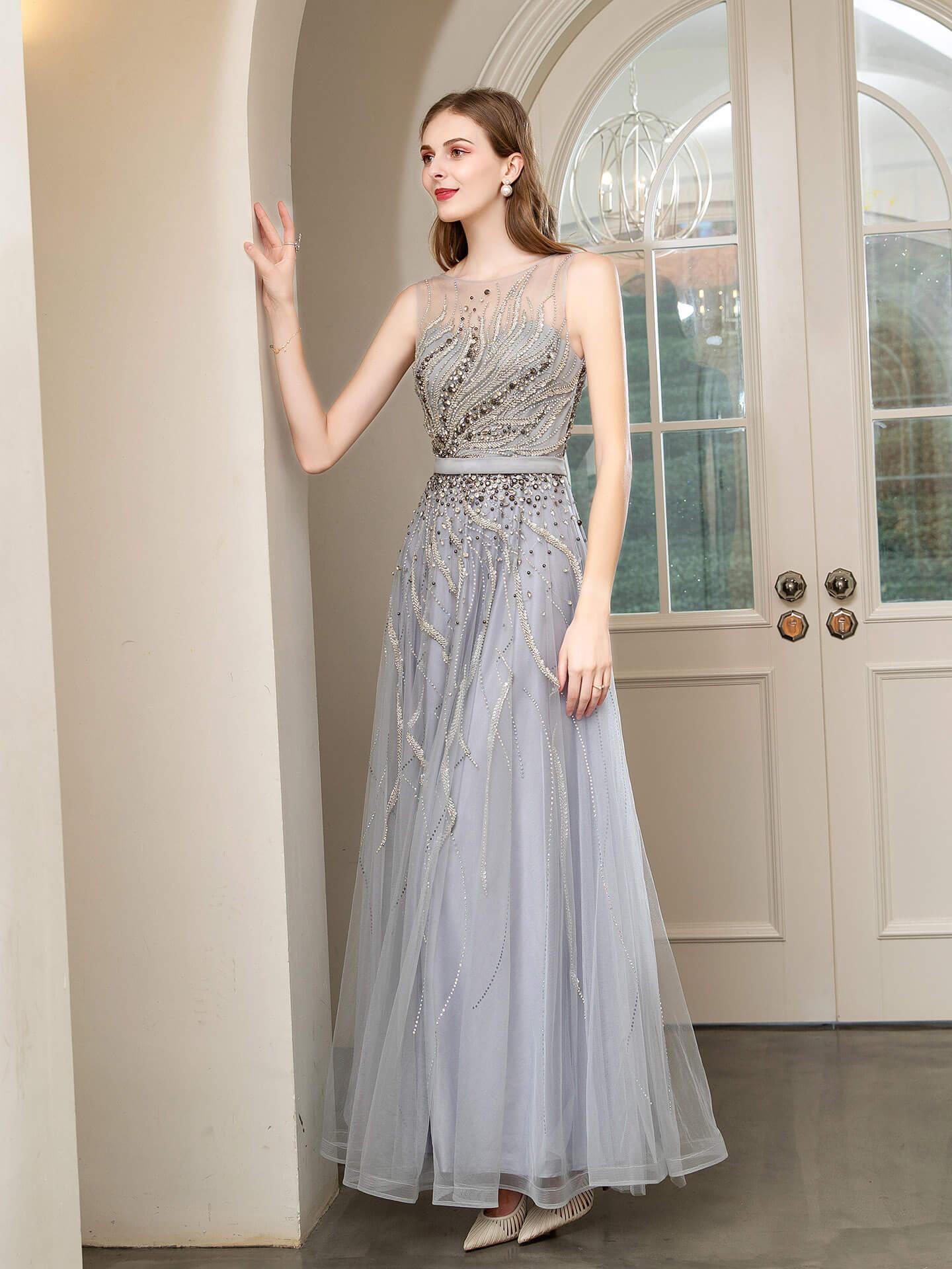 Baoleely A-line Beaded Luxurious Sexy Formal Evening Dresses Sleeveless Floor Length Prom Dresses