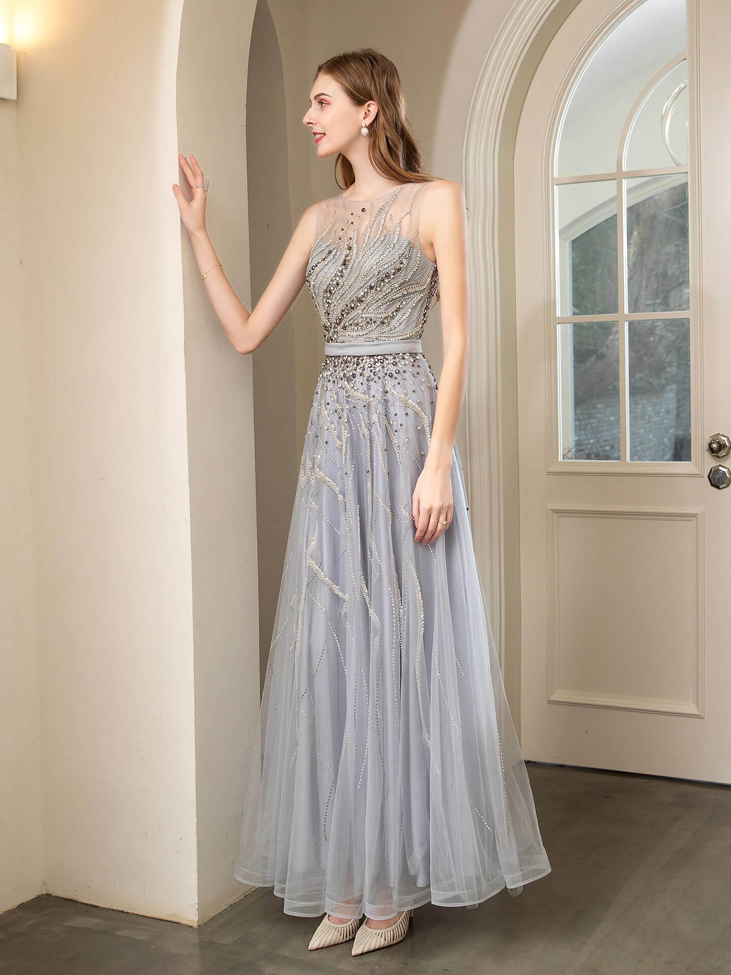 Baoleely A-line Beaded Luxurious Sexy Formal Evening Dresses Sleeveless Floor Length Prom Dresses