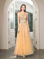 Baoleely A-line Beaded Luxurious Sexy Formal Evening Dresses Sleeveless Floor Length Prom Dresses