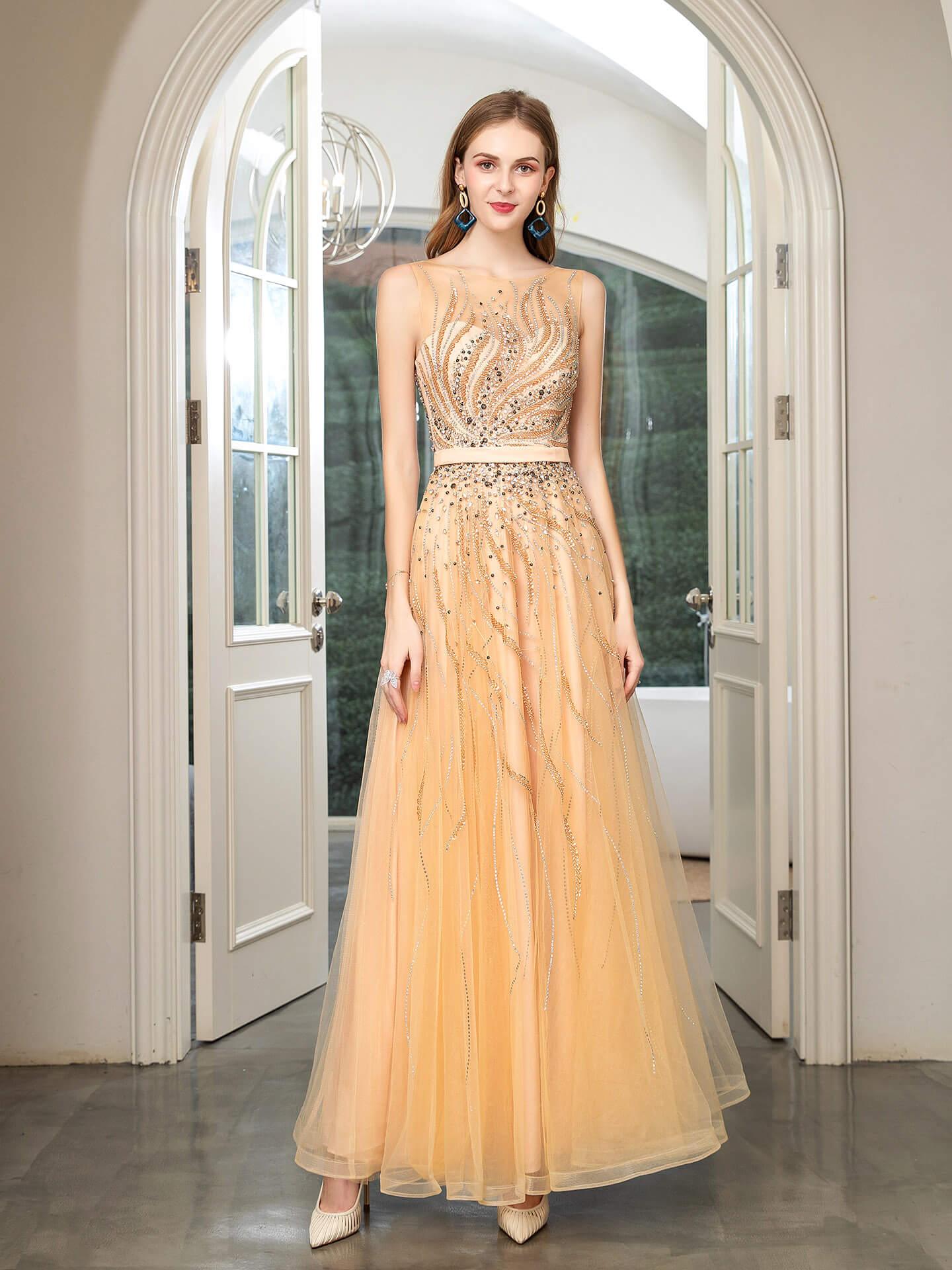 Baoleely A-line Beaded Luxurious Sexy Formal Evening Dresses Sleeveless Floor Length Prom Dresses