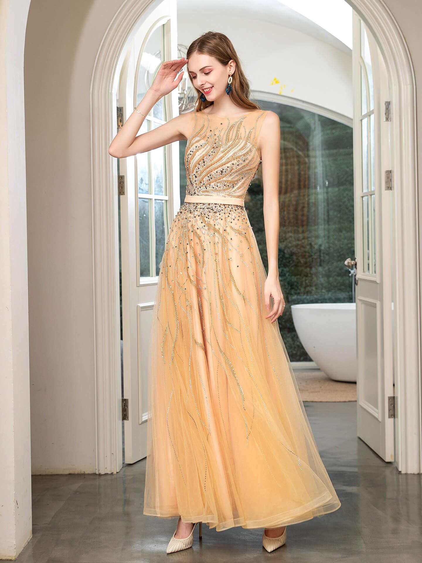 Baoleely A-line Beaded Luxurious Sexy Formal Evening Dresses Sleeveless Floor Length Prom Dresses
