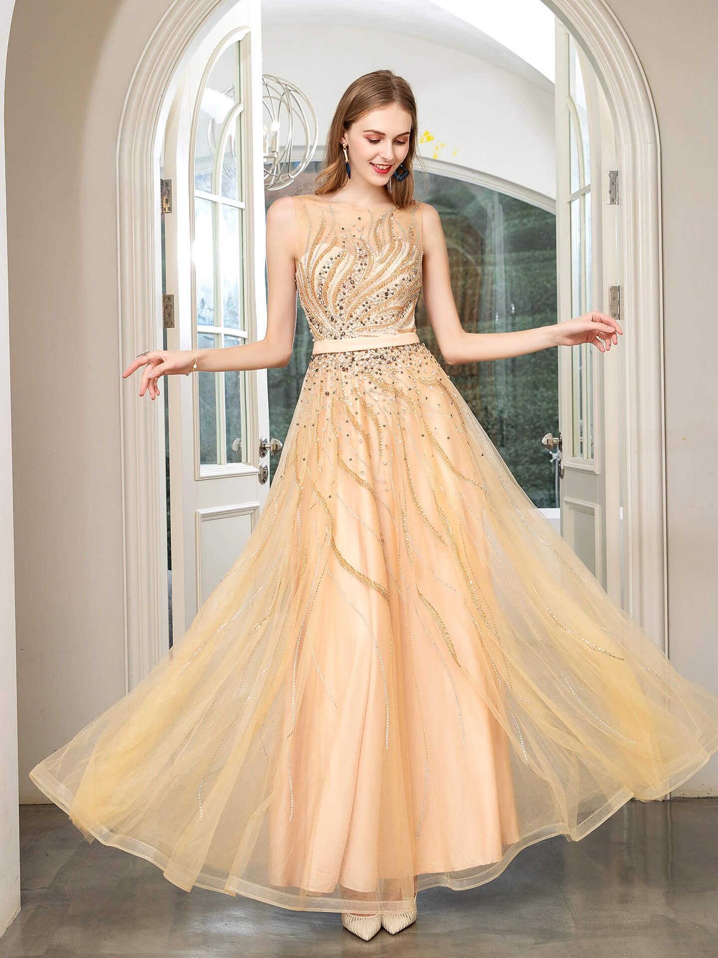 Baoleely A-line Beaded Luxurious Sexy Formal Evening Dresses Sleeveless Floor Length Prom Dresses